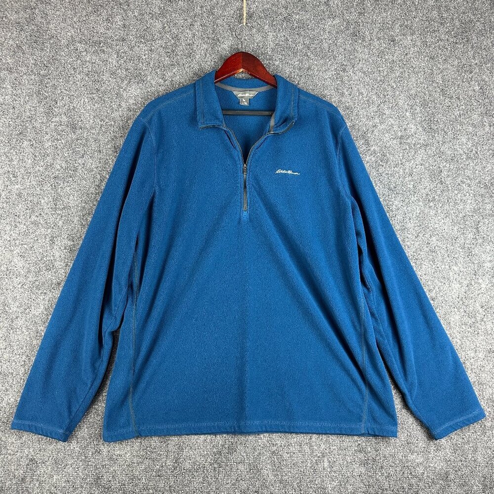 Eddie Bauer Sweater Mens TXL Fleece 1/4 Zip Blue Pullover Long Sleeve Logo